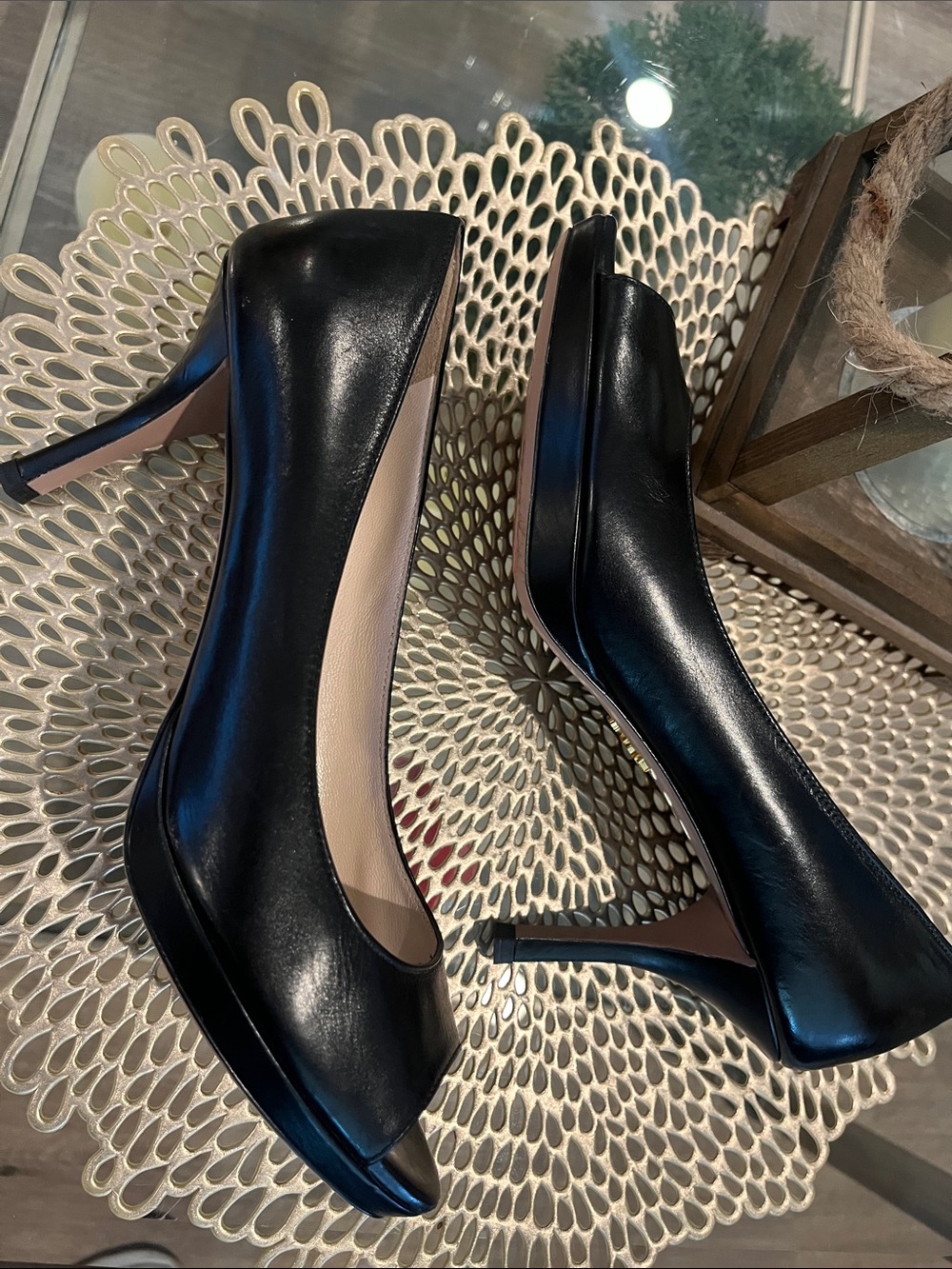 Prada Black Leather Peep-Toe Pumps with Neutral Insole - Picture 2 of 10